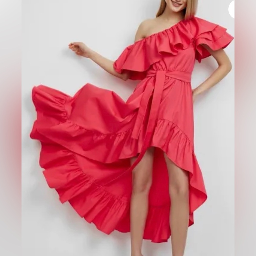 Andre Tan Fushia Elegant One-Shoulder Ruffle Dress in Red w/Belt